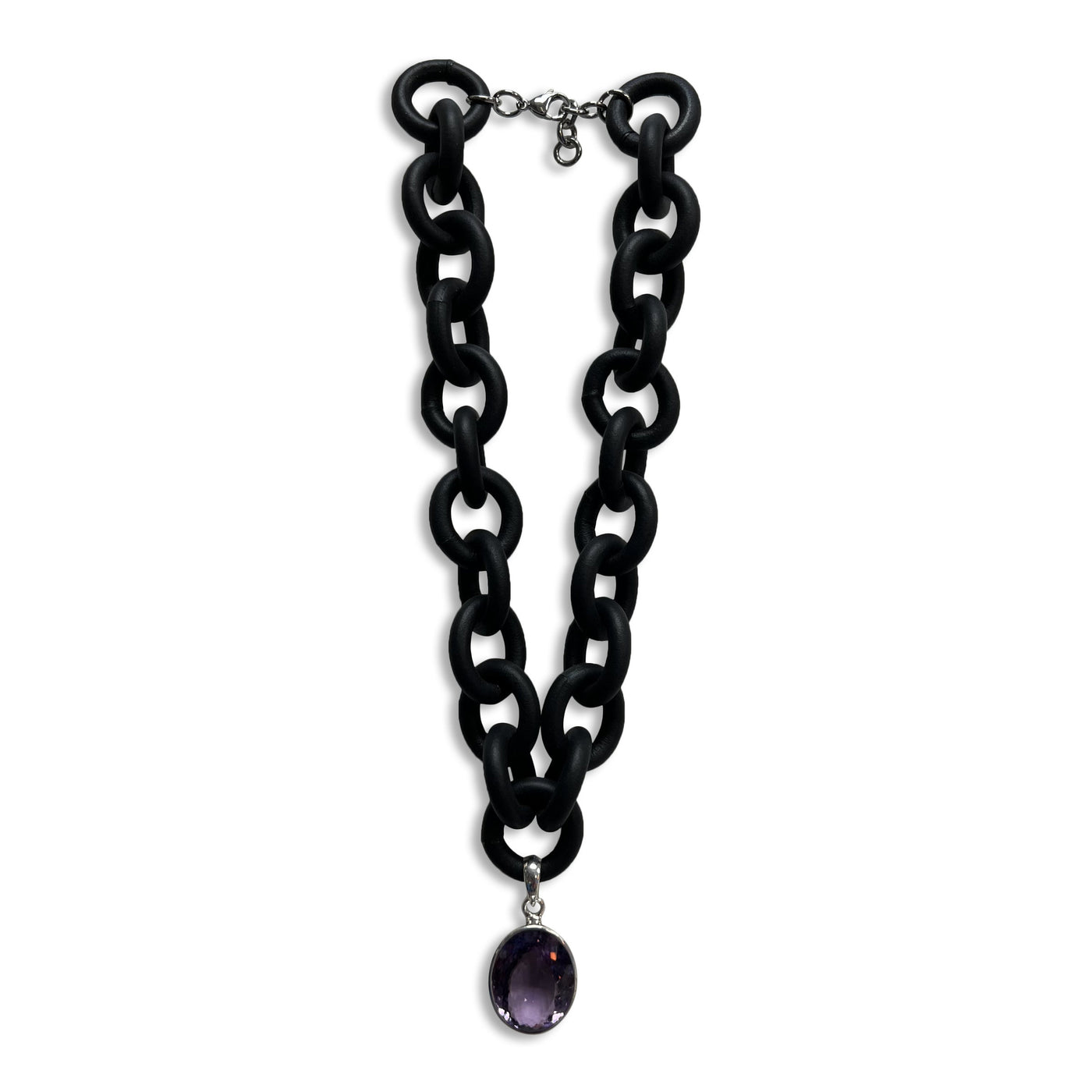 Black Rubber Necklace with Purple Amethyst