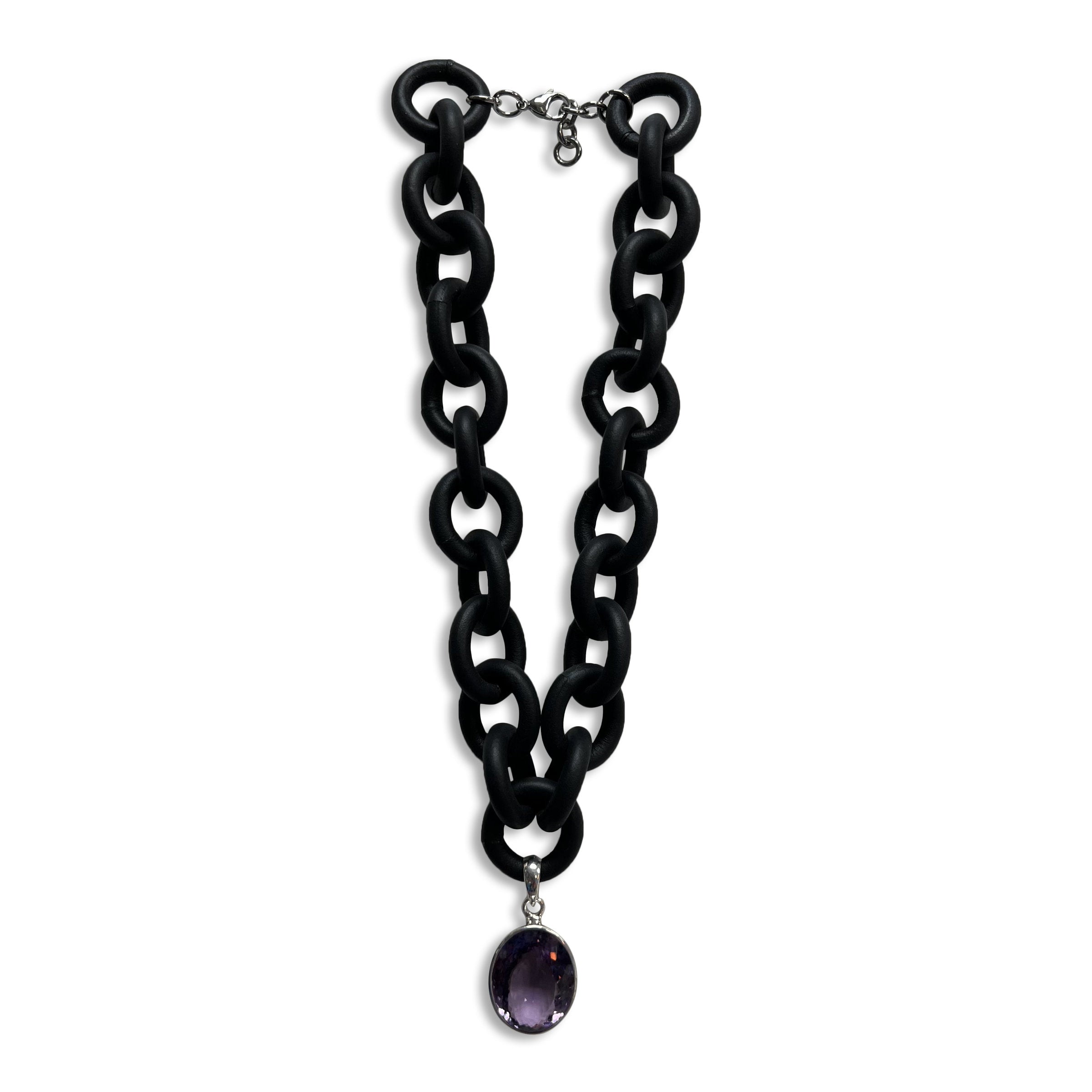 Black Rubber Necklace with Purple Amethyst