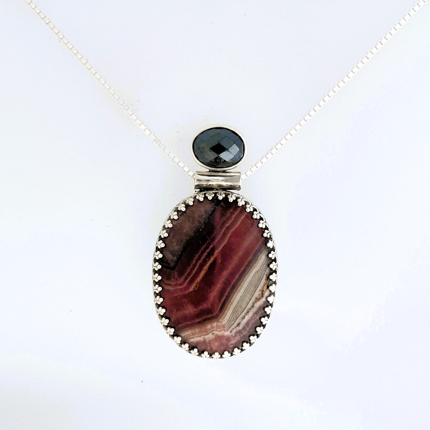Rhodochrosite & Hematite Silver Crown Pendant