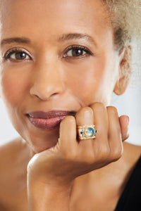 Moonstone & Sapphires Square Ring