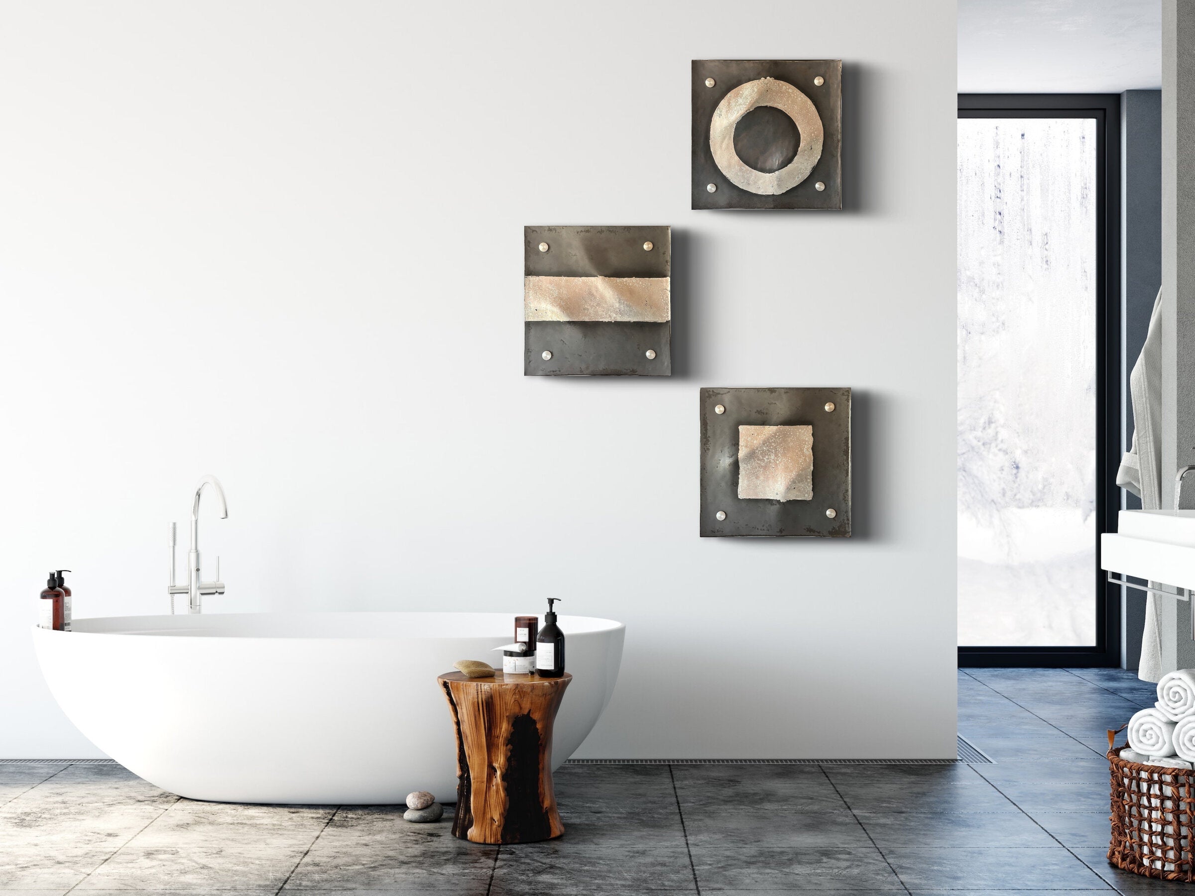 Circle Line Square Gray and Silver Wall Squares