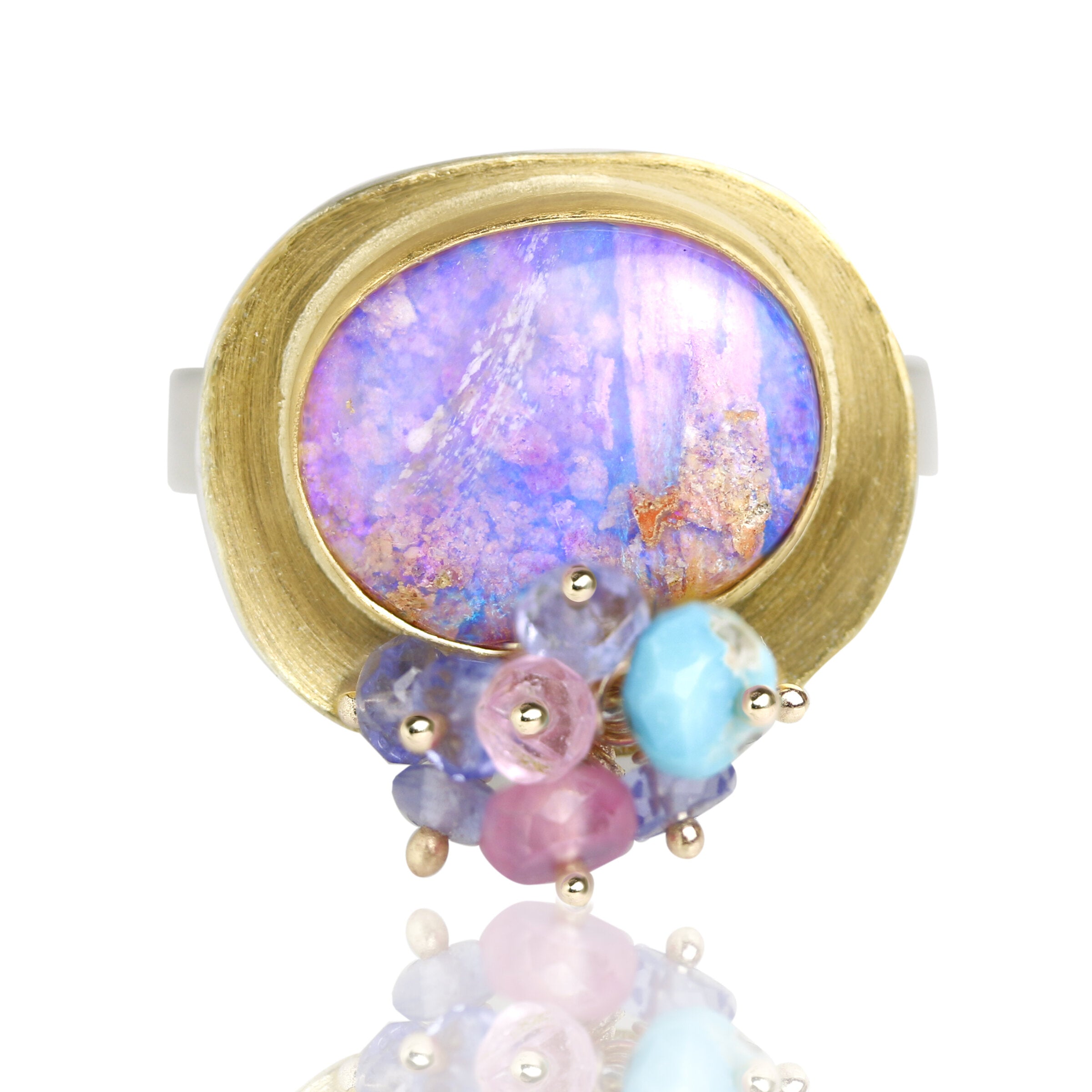 Lilac Crystal Boulder Opal Ring with Multi Cluster