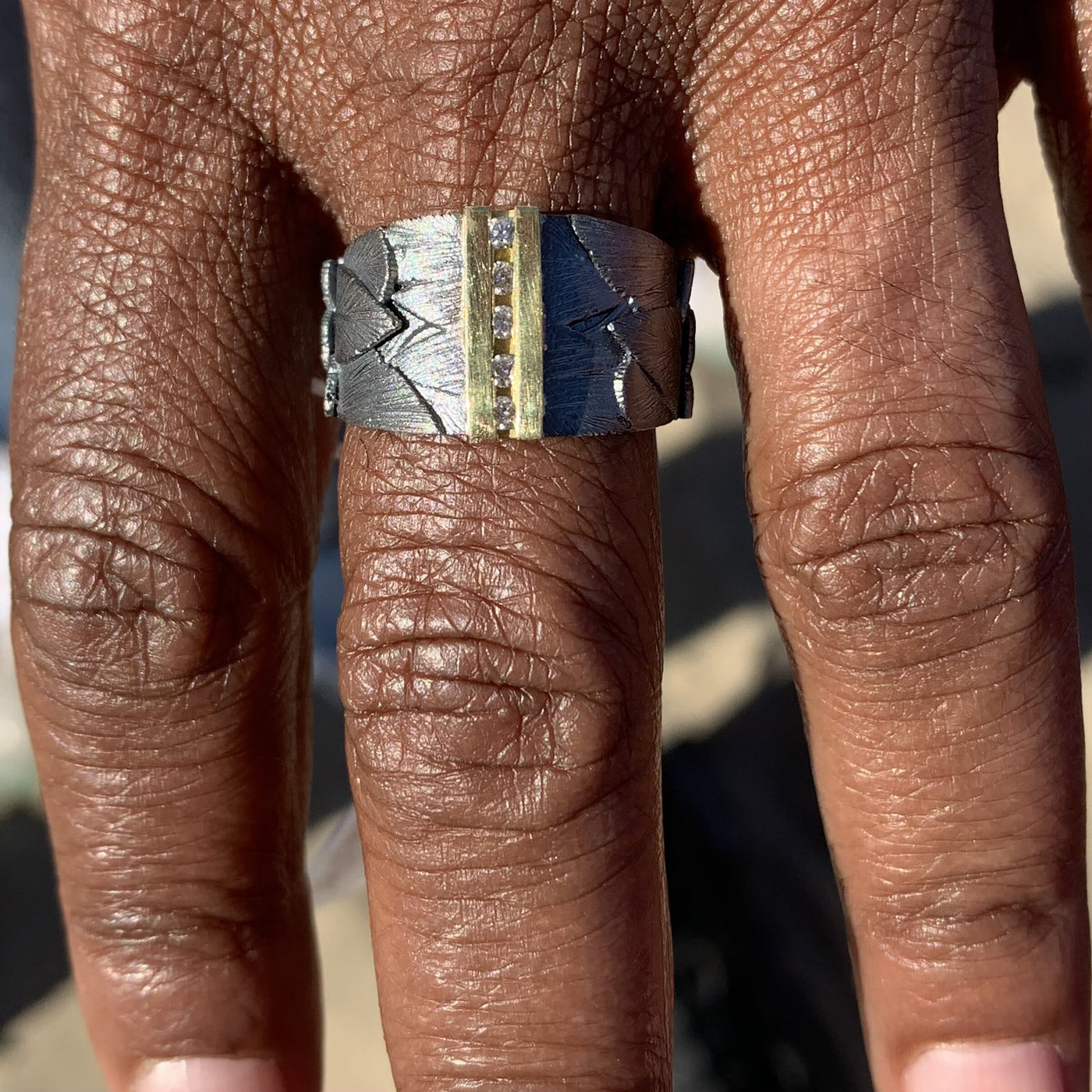 Oxidized Silver Channel Set Diamond Feather Ring