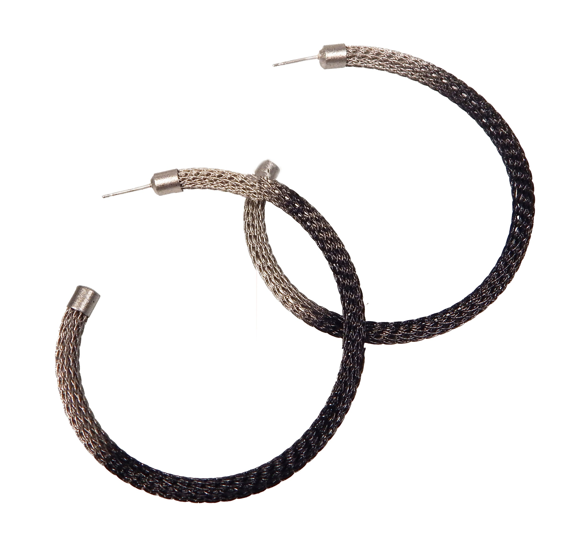 Thin Wireknit Hoop Earring in Silver with Black