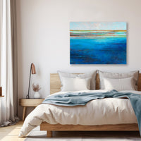 "Blue Zones" modern coastal painting in bedroom