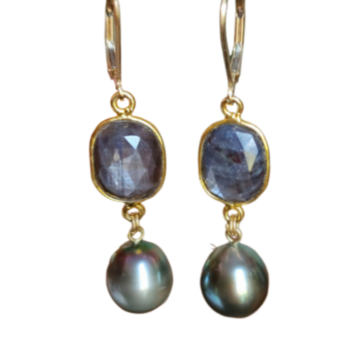 Deep Blue-Gray Sapphire and Tahitian Pearl Drop Earrings
