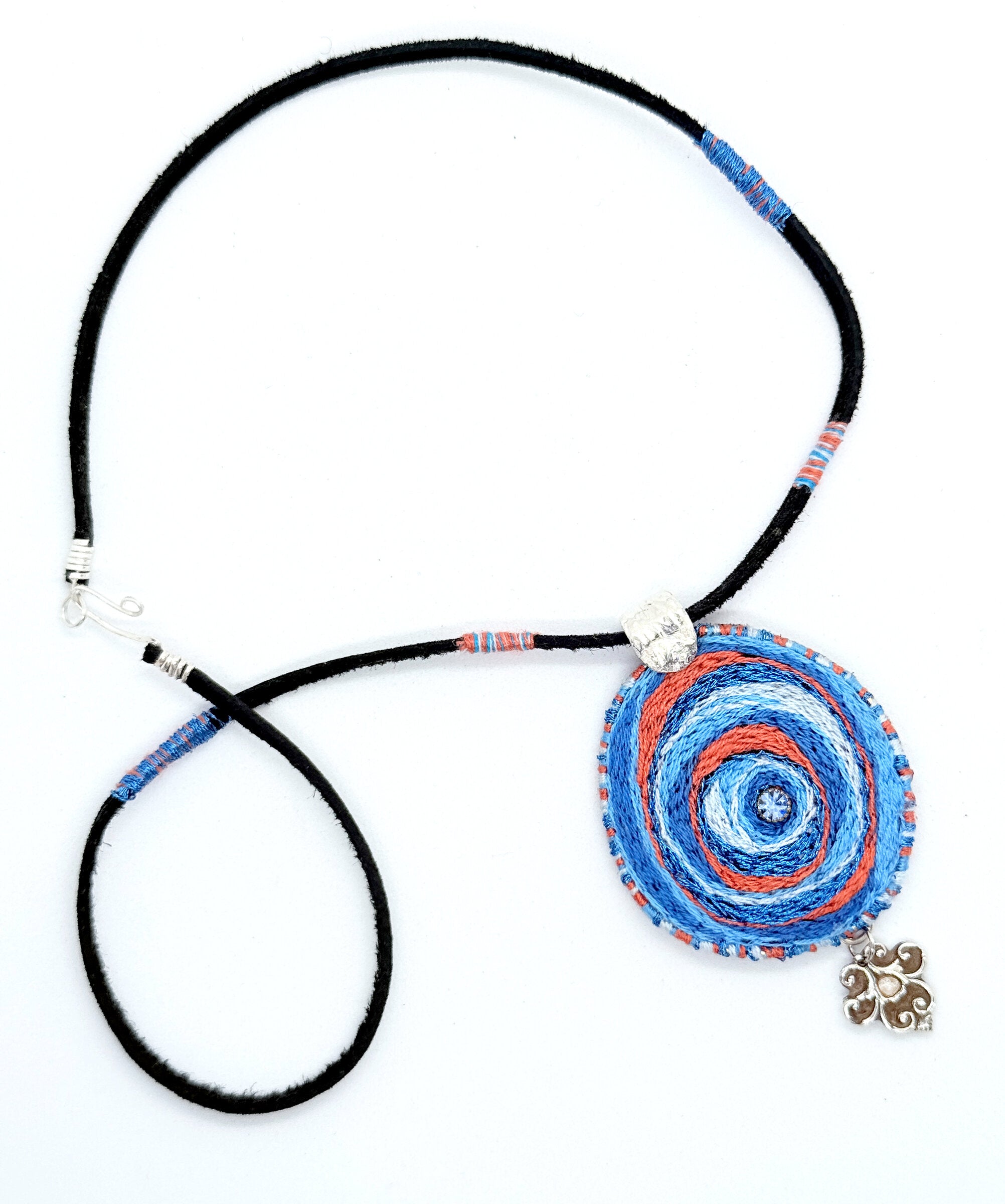 Blues & Coral Embroidered Pendant