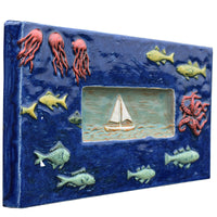 Sail Boat Marine Wall Sculpture Tile in Antique Teal & Sapphire Blue