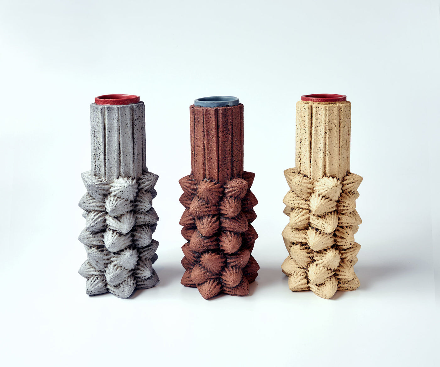 left to right: slate gray with red glaze, brick red with gray-grren glaze, wheat yellow with red glaze