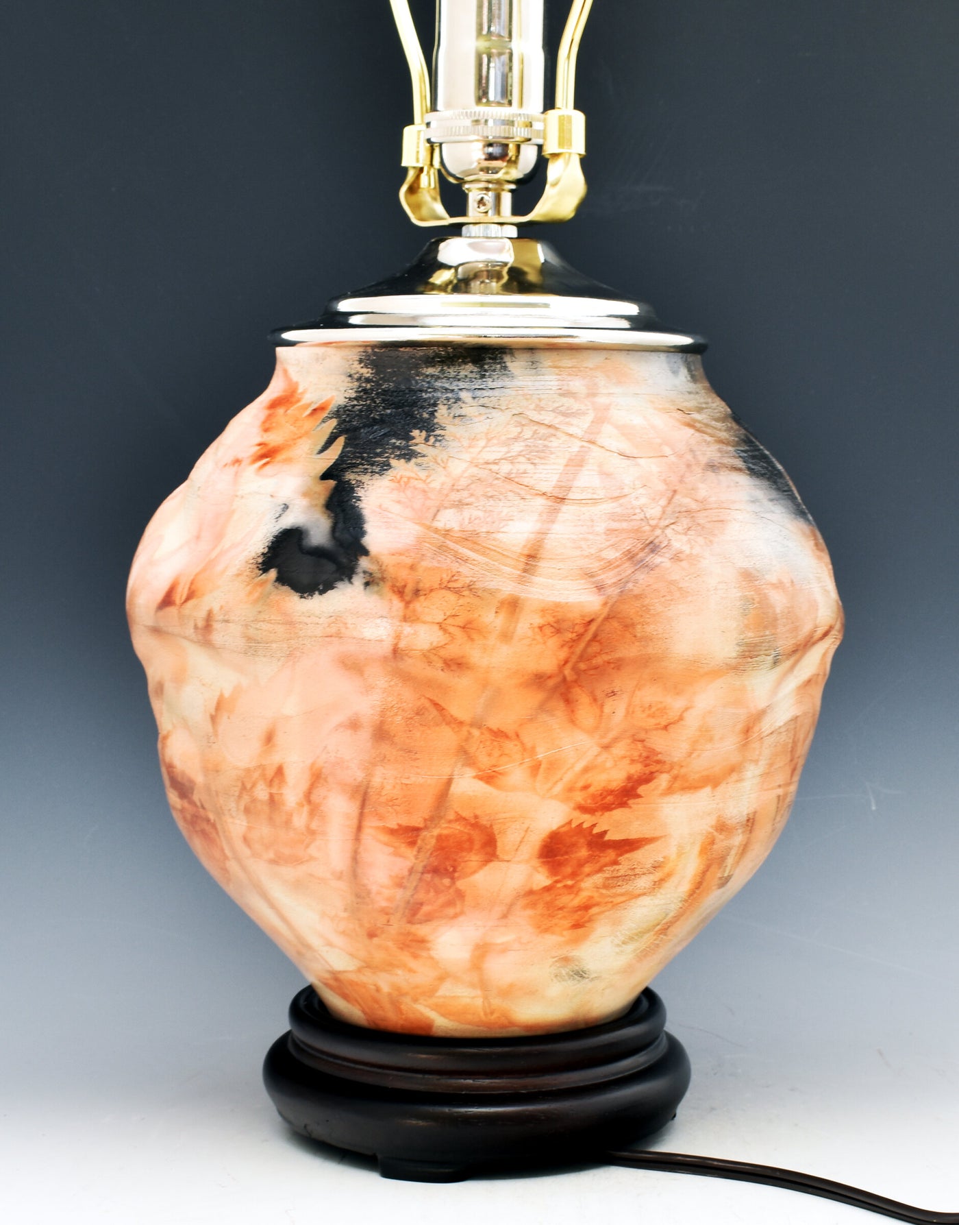 Saggar-Fired Stoneware Lamp with Burlap Shade