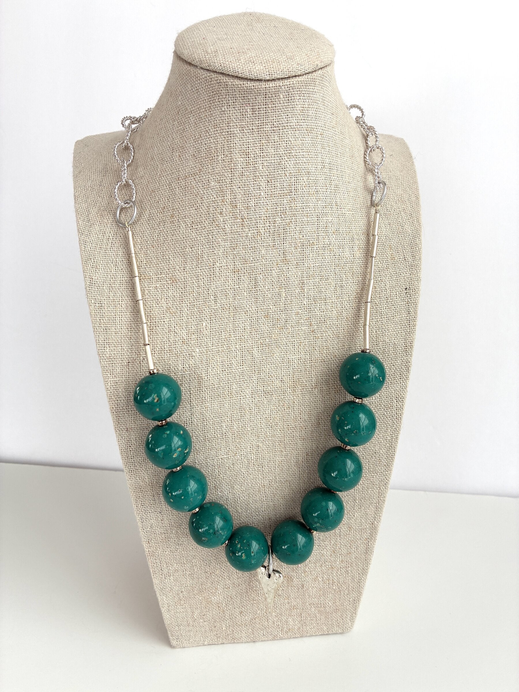 Silver Heart & Teal Beads Necklace