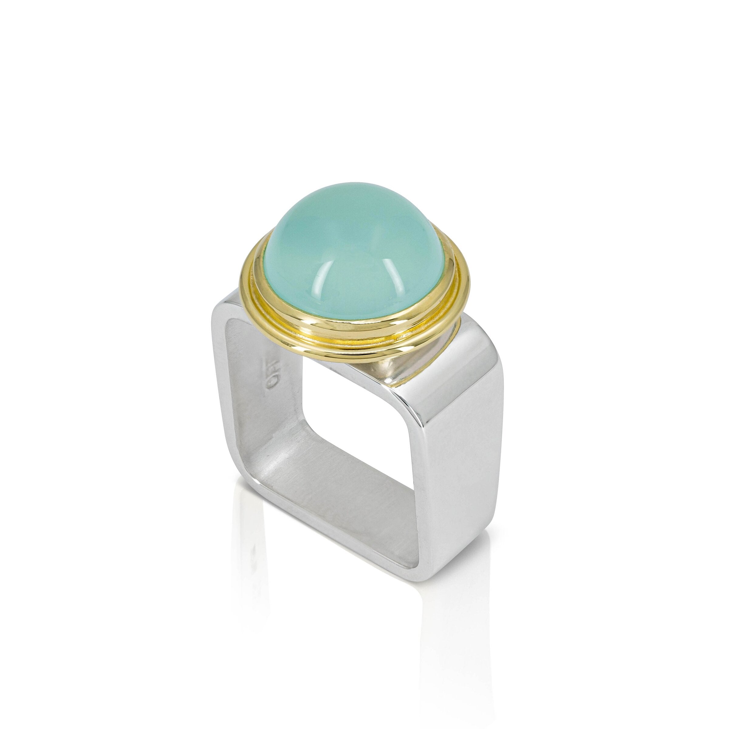Aqua Chalcedony Dome Square Ring Without Guard Rings