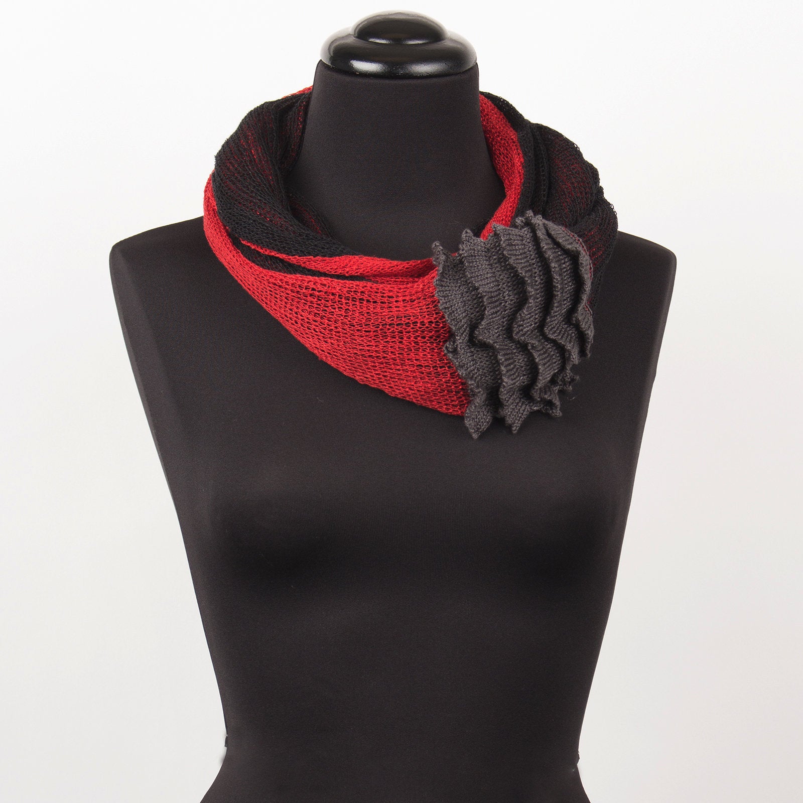 charcoal, red, and black