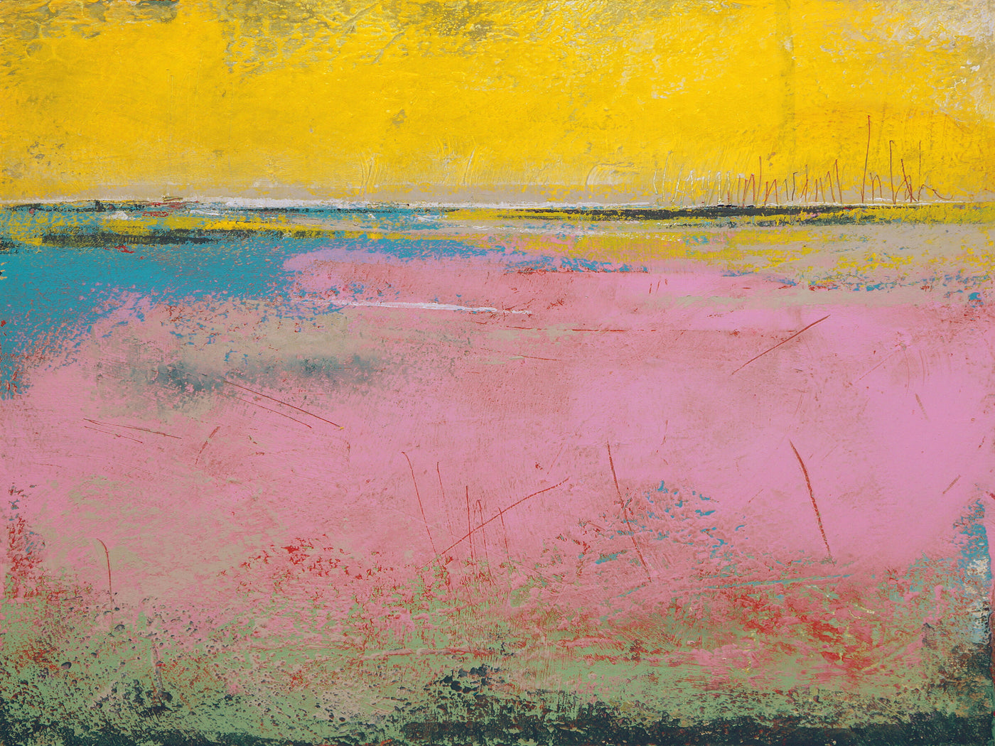 "Flamingo Coast" bold abtract landscape painting measuring 36x48 in.