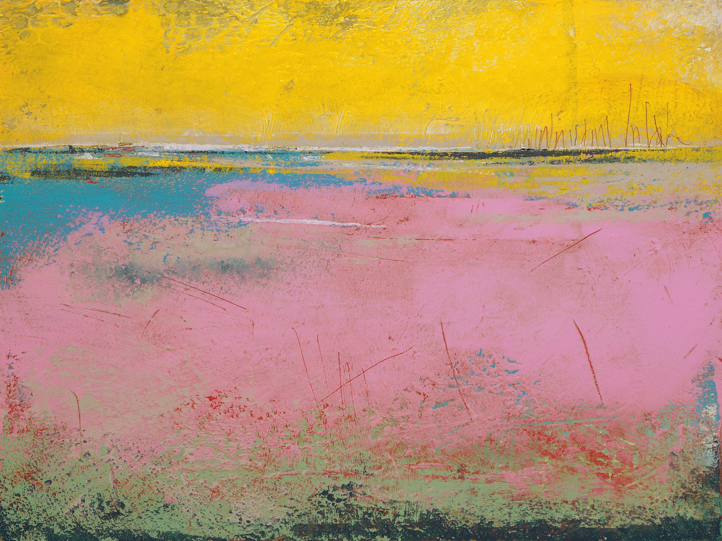 "Flamingo Coast" bold abtract landscape painting measuring 36x48 in.