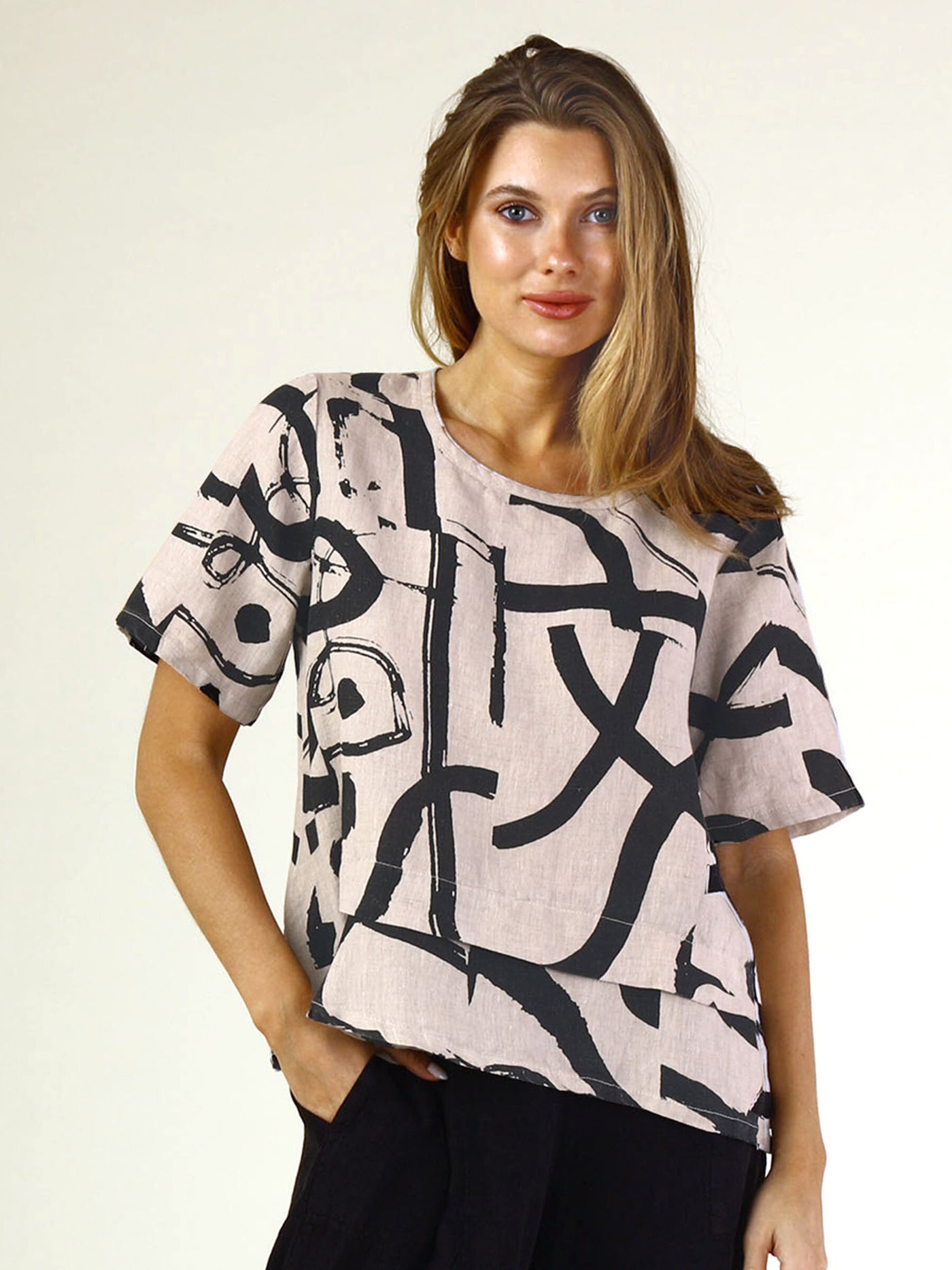 Linen Printed Pleat Top