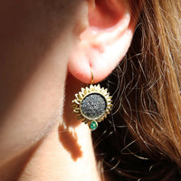 Medium Pave Diamond Sunflower with Emeralds Earrings