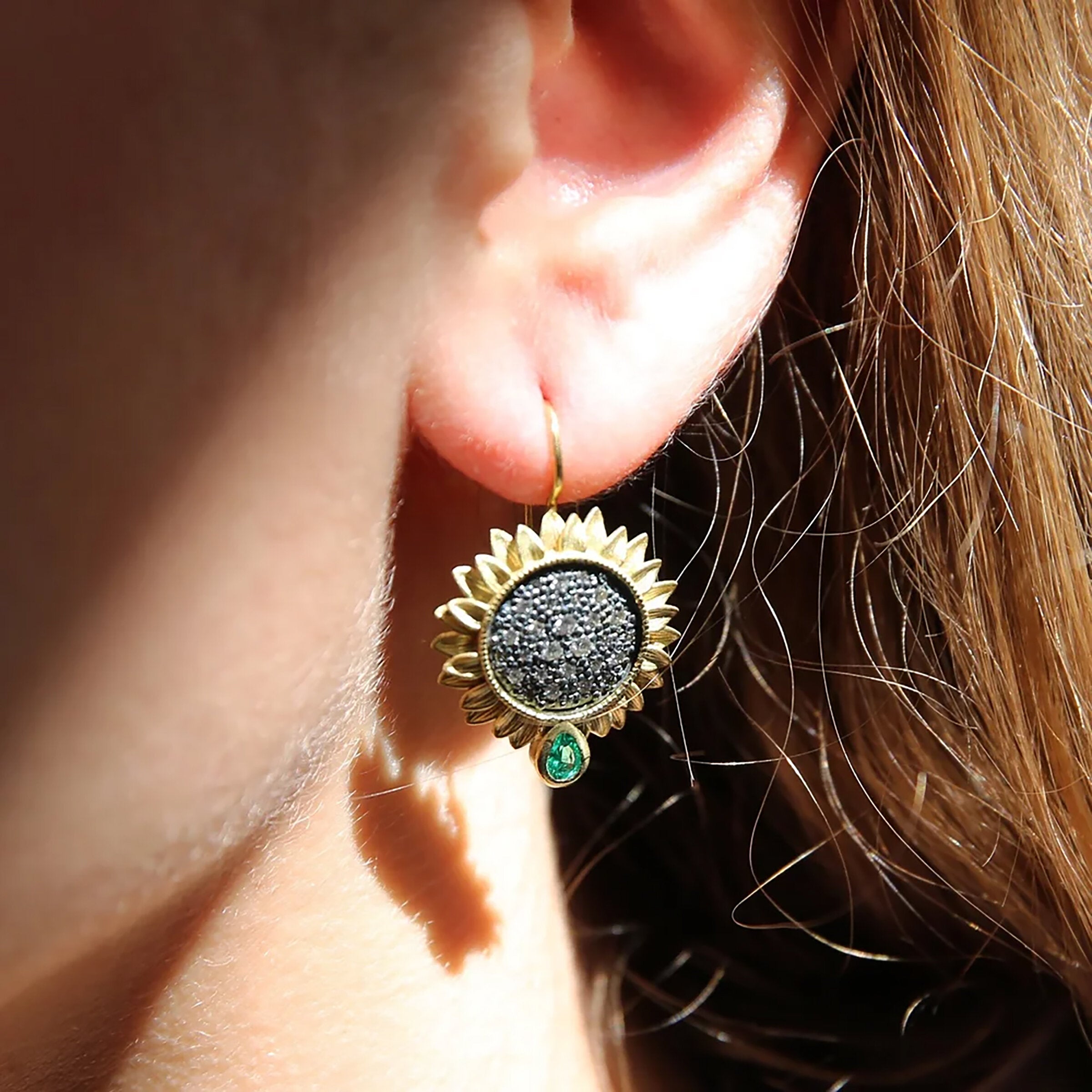 Medium Pave Diamond Sunflower with Emeralds Earrings