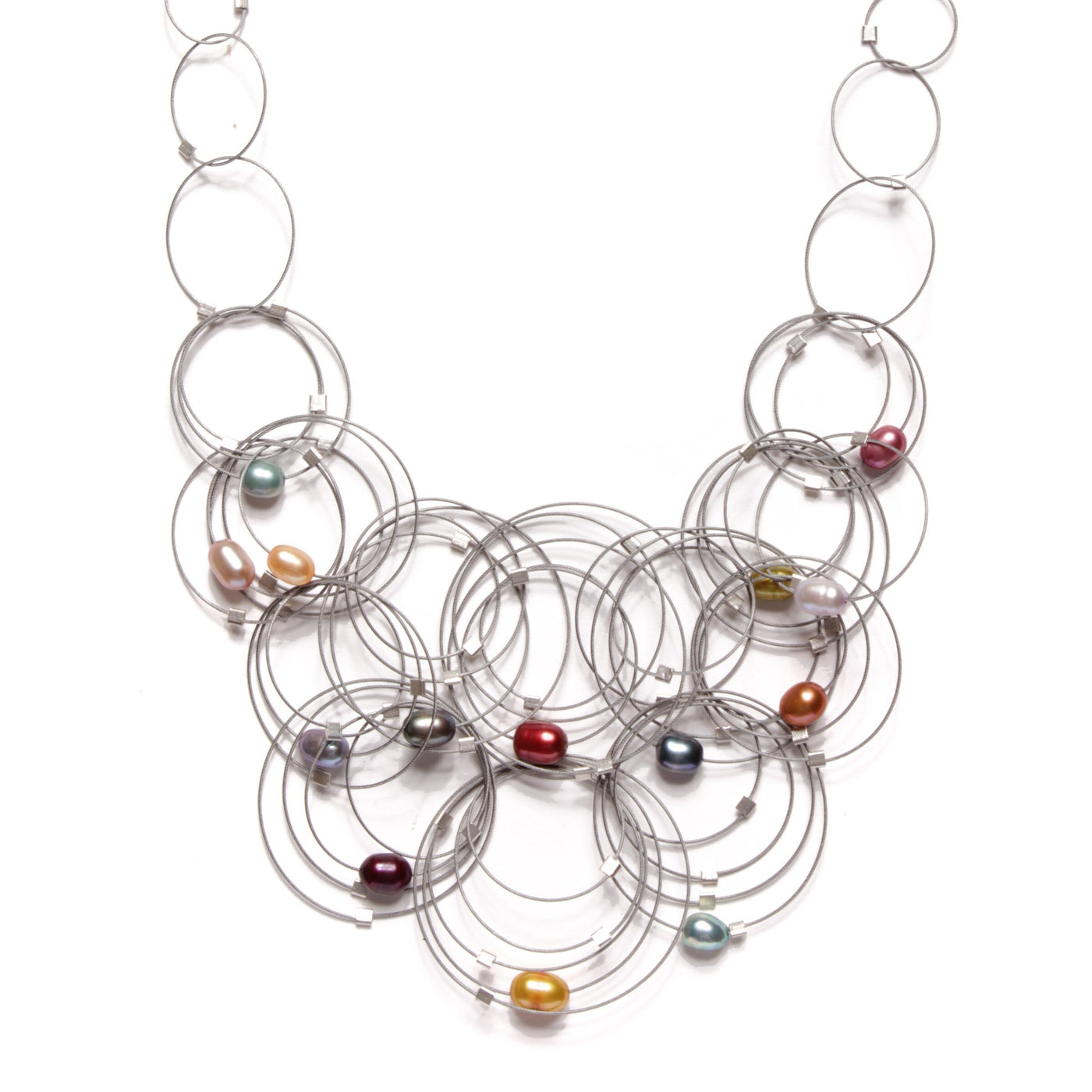 Rainbow Pearl, Steel Cable & Silver Details