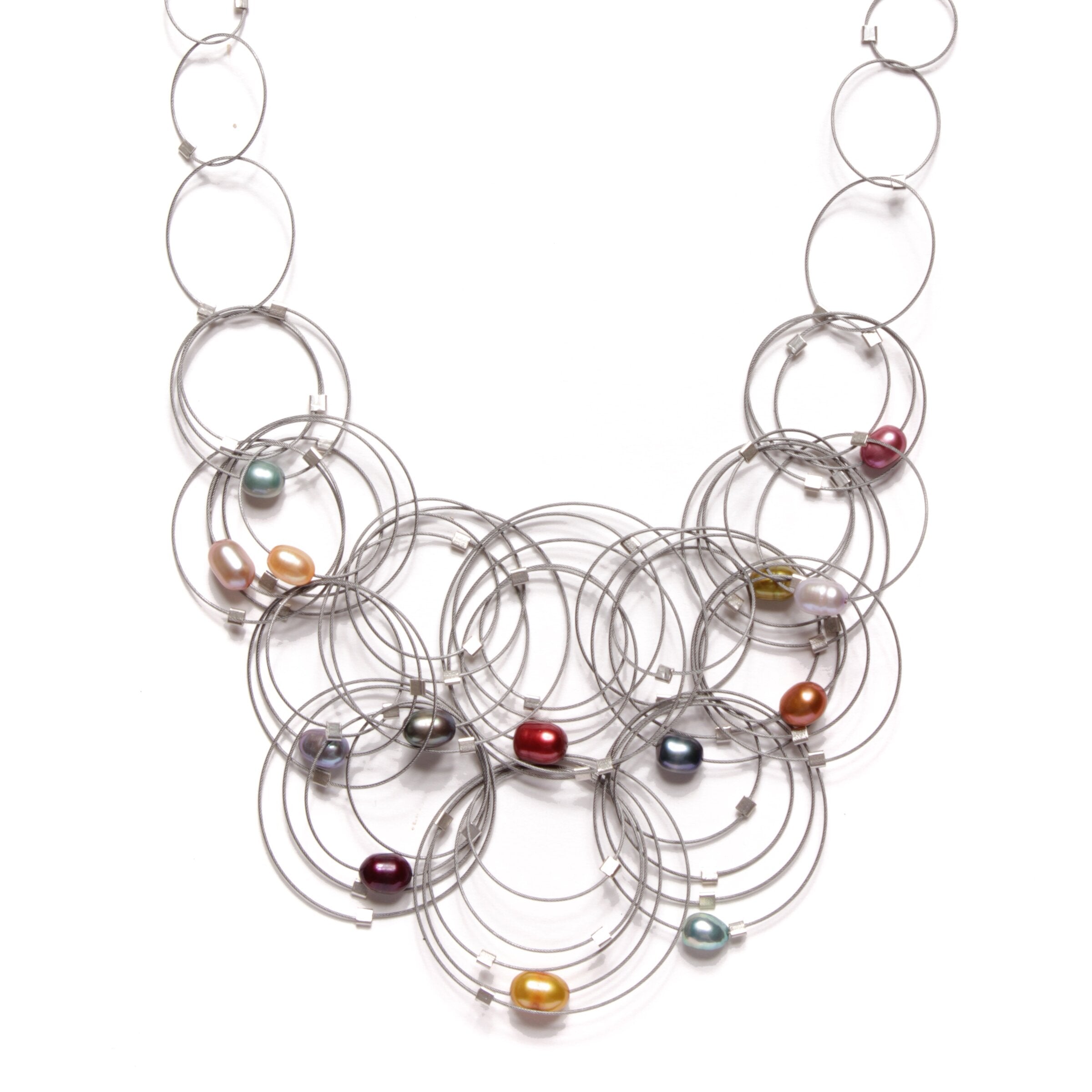 Rainbow Pearl, Steel Cable & Silver Details