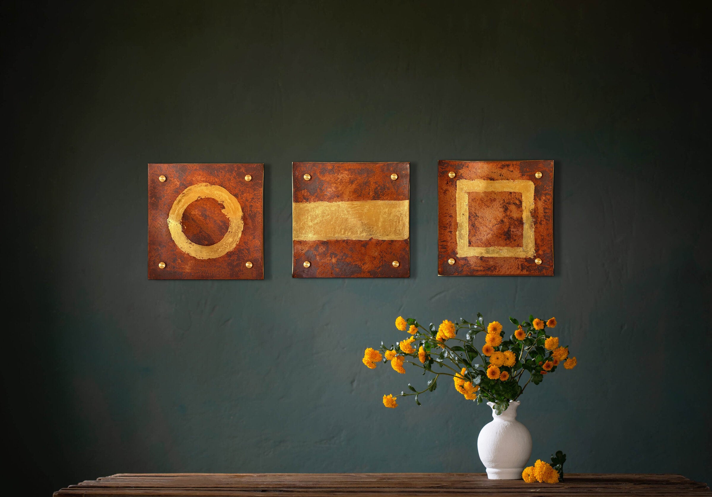 Copper and Gold Circle Line Square Metallic Wall Square Set