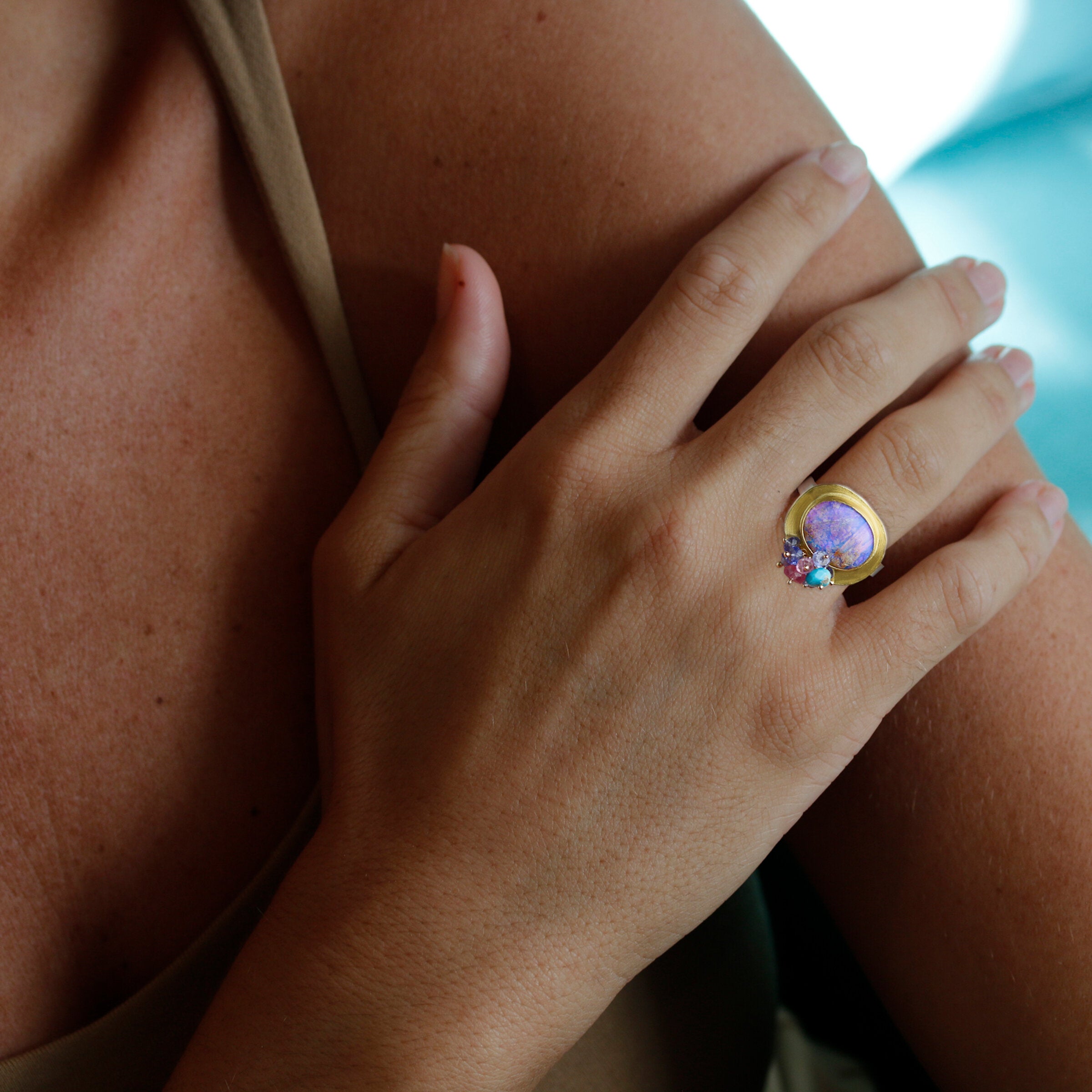 Lilac Crystal Boulder Opal Ring with Multi Cluster