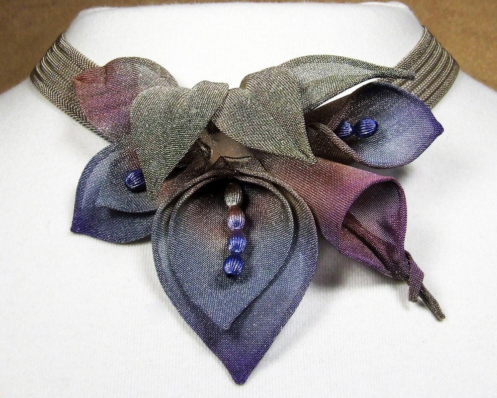 Antique Silver with Periwinkle, Ruby , Blue and Amethyst, Olive and Celadon leaves