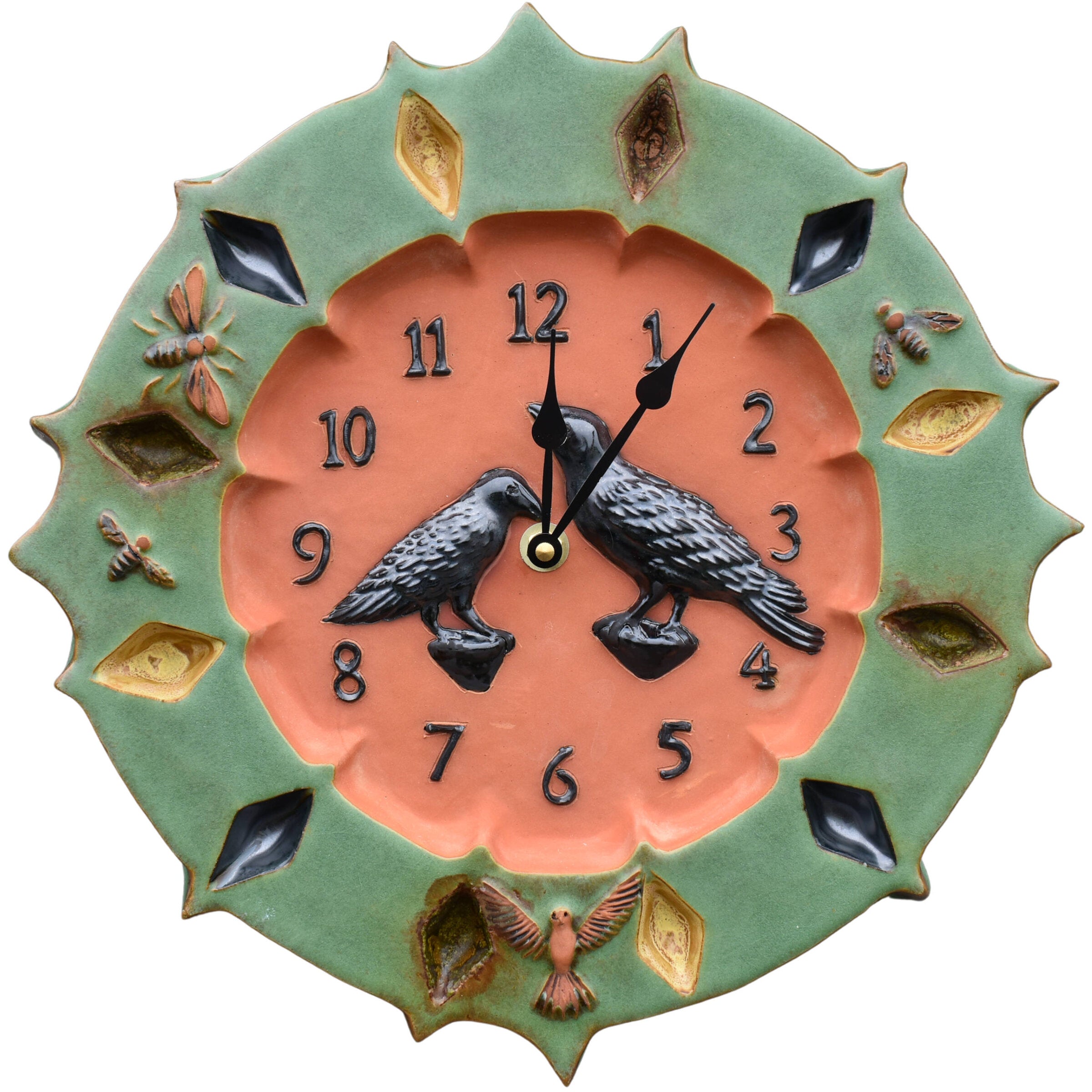 Raven and Crow Ceramic Wall Clock in Terracotta and Patina Green