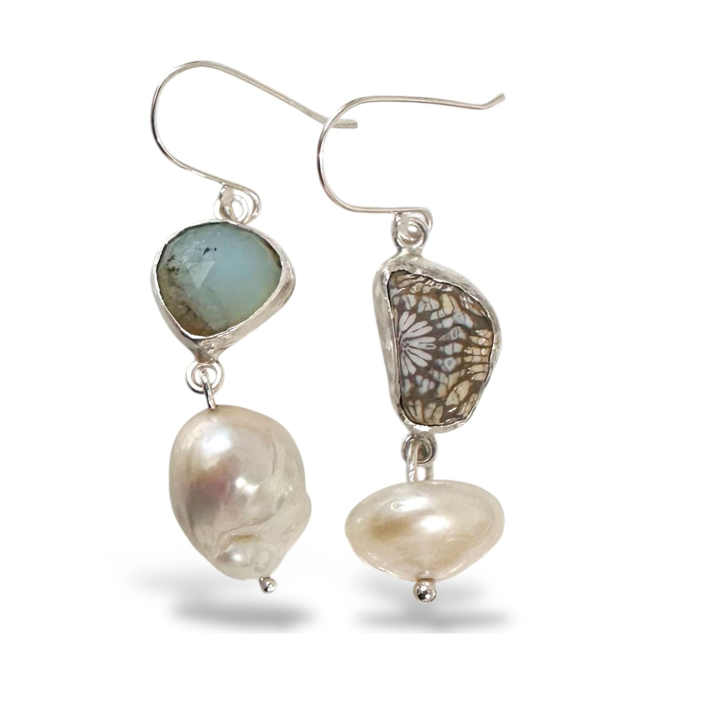 Asymmetrical Fossil and Pearl Earrings