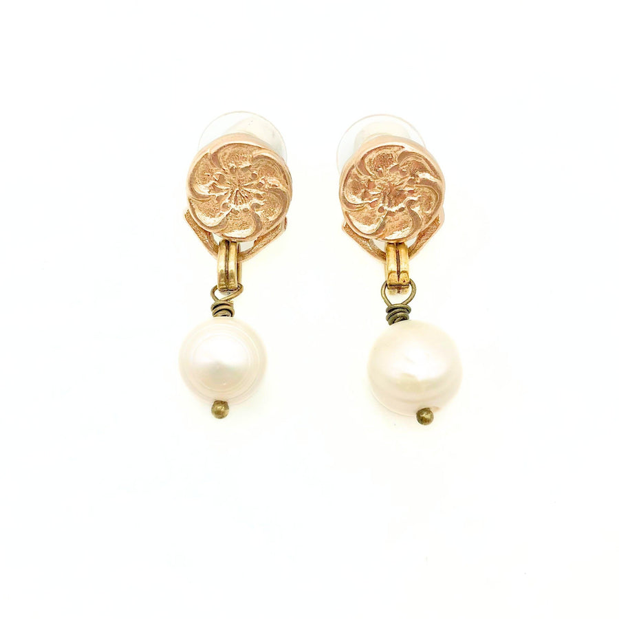 Bronze Flower Button and Pearl Drop Earrings