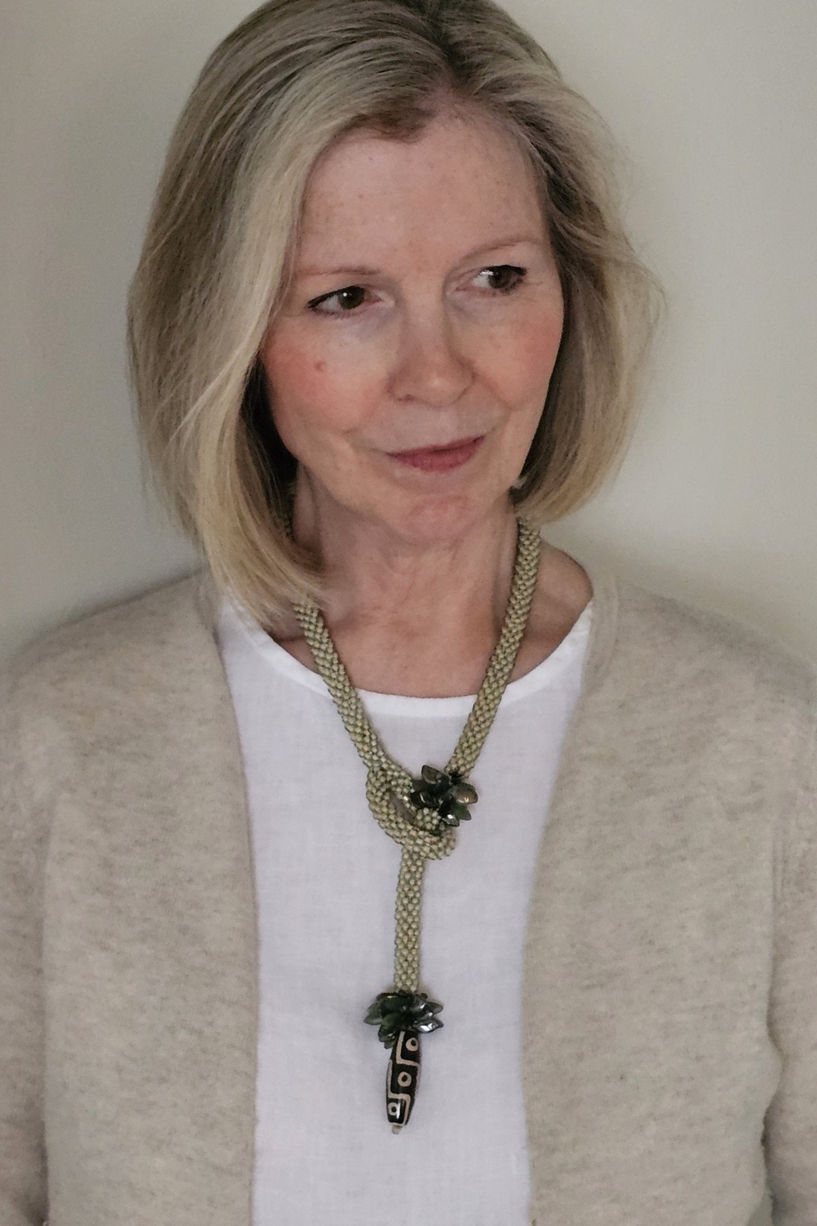 Cream & Sage Lariat With Dzi Bead