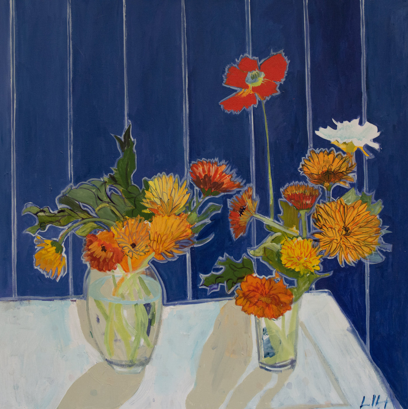 Poppies and Blue Stripes