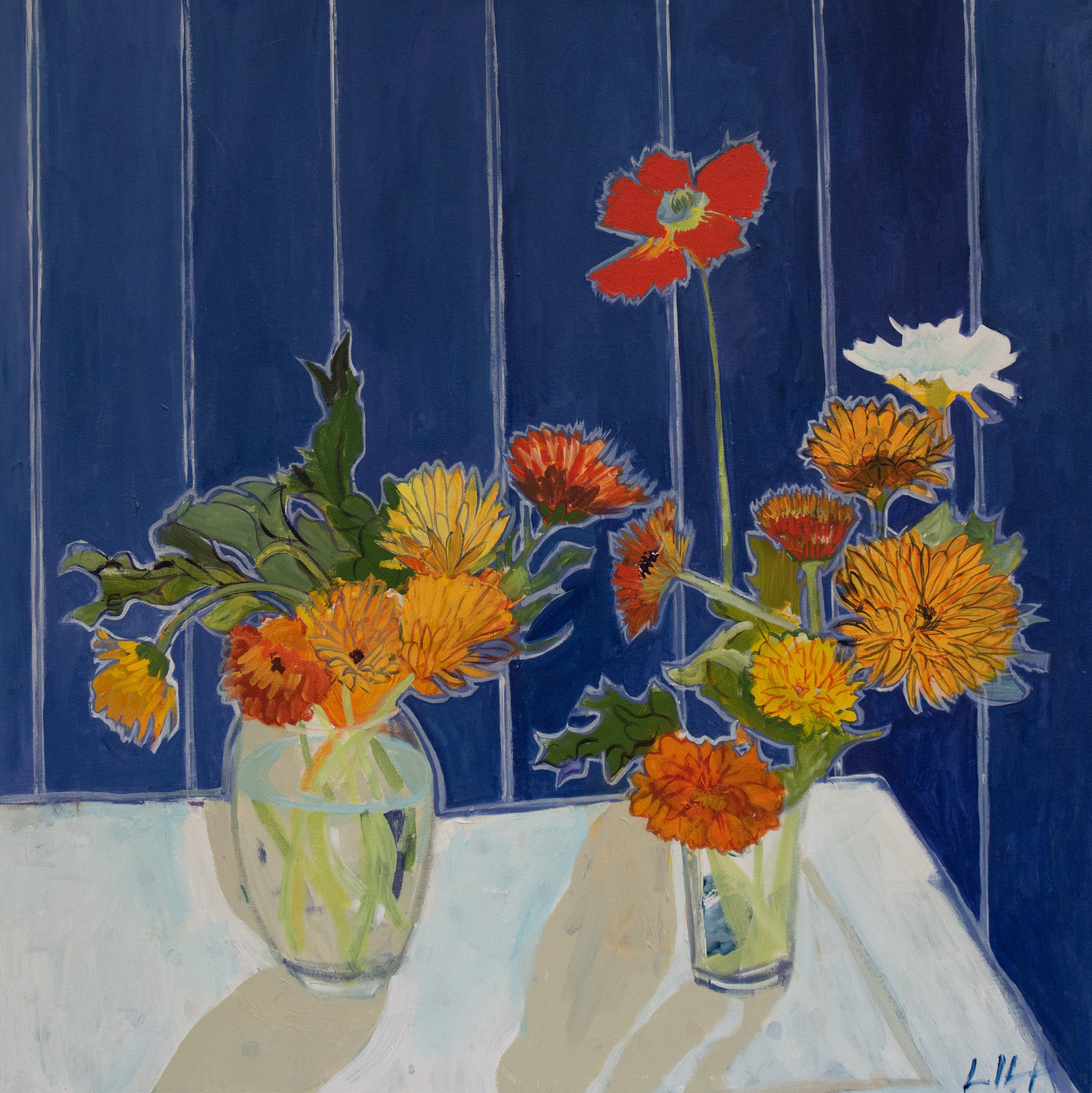 Poppies and Blue Stripes