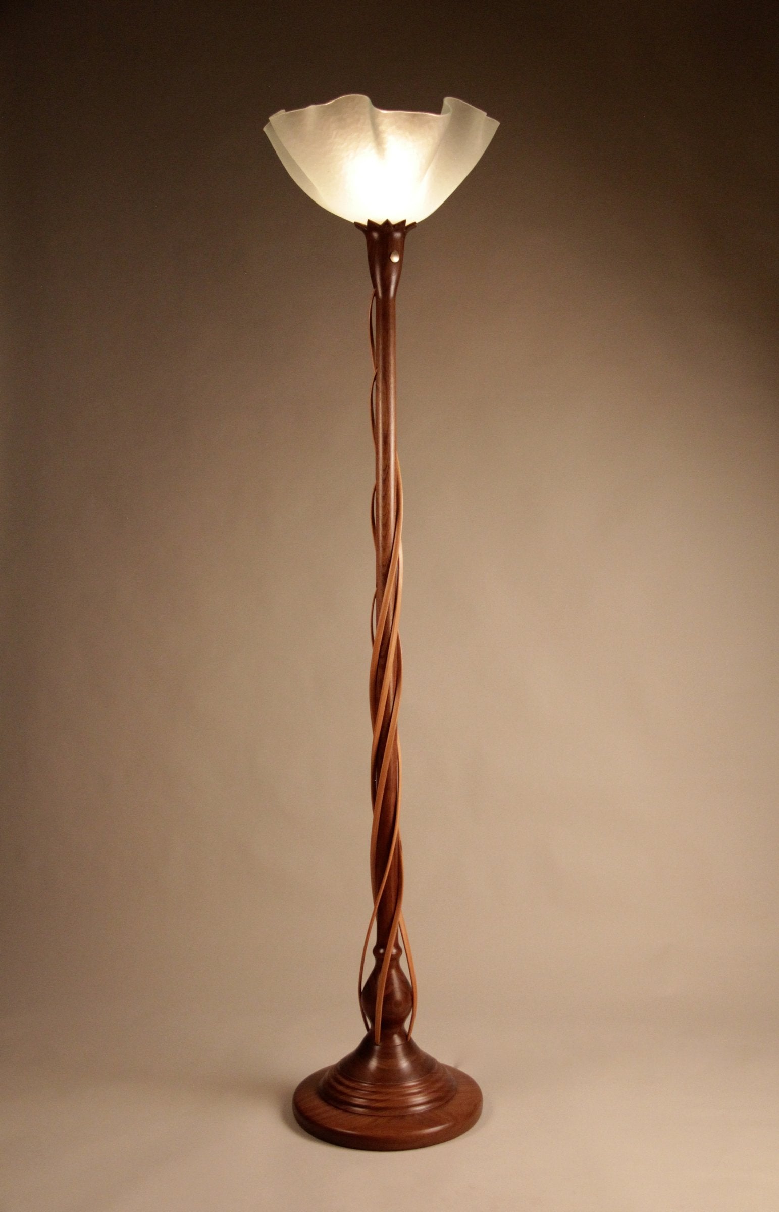 Carved Top Walnut Torchiere with Cherry Tendrils