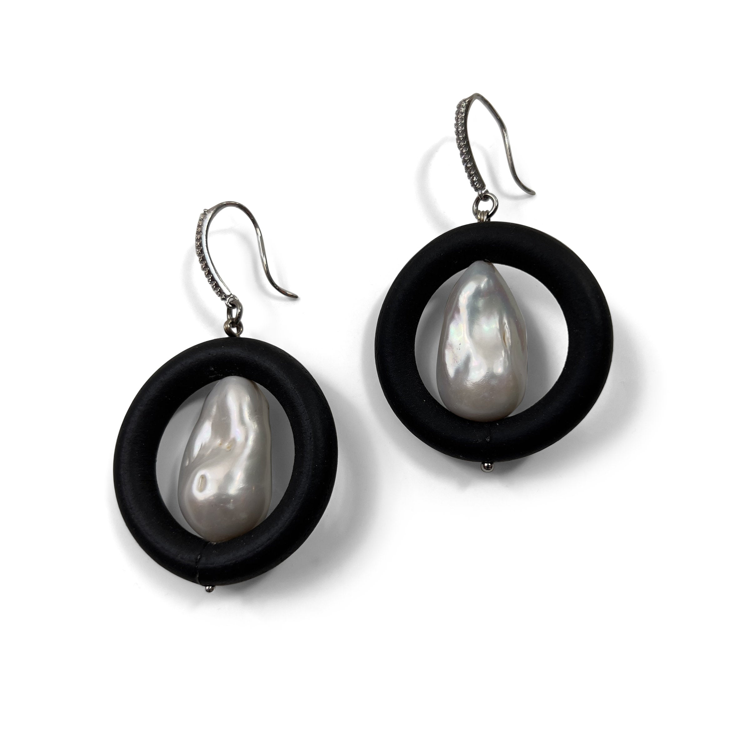Black Rubber and Baroque Pearl Earrings