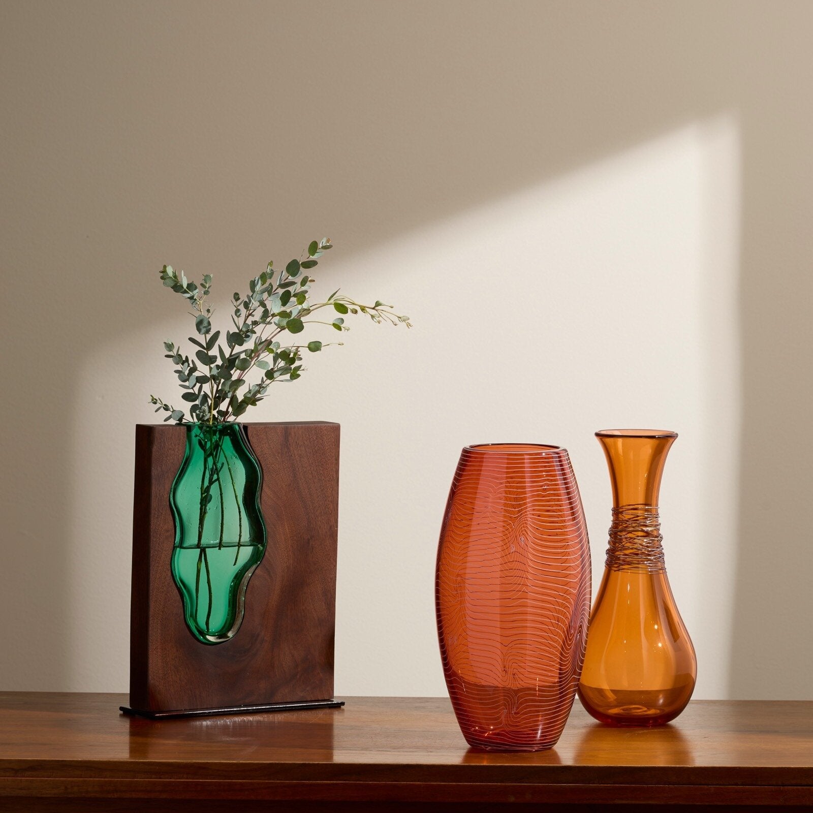 Walnut Wood with Handblown Glass Vase