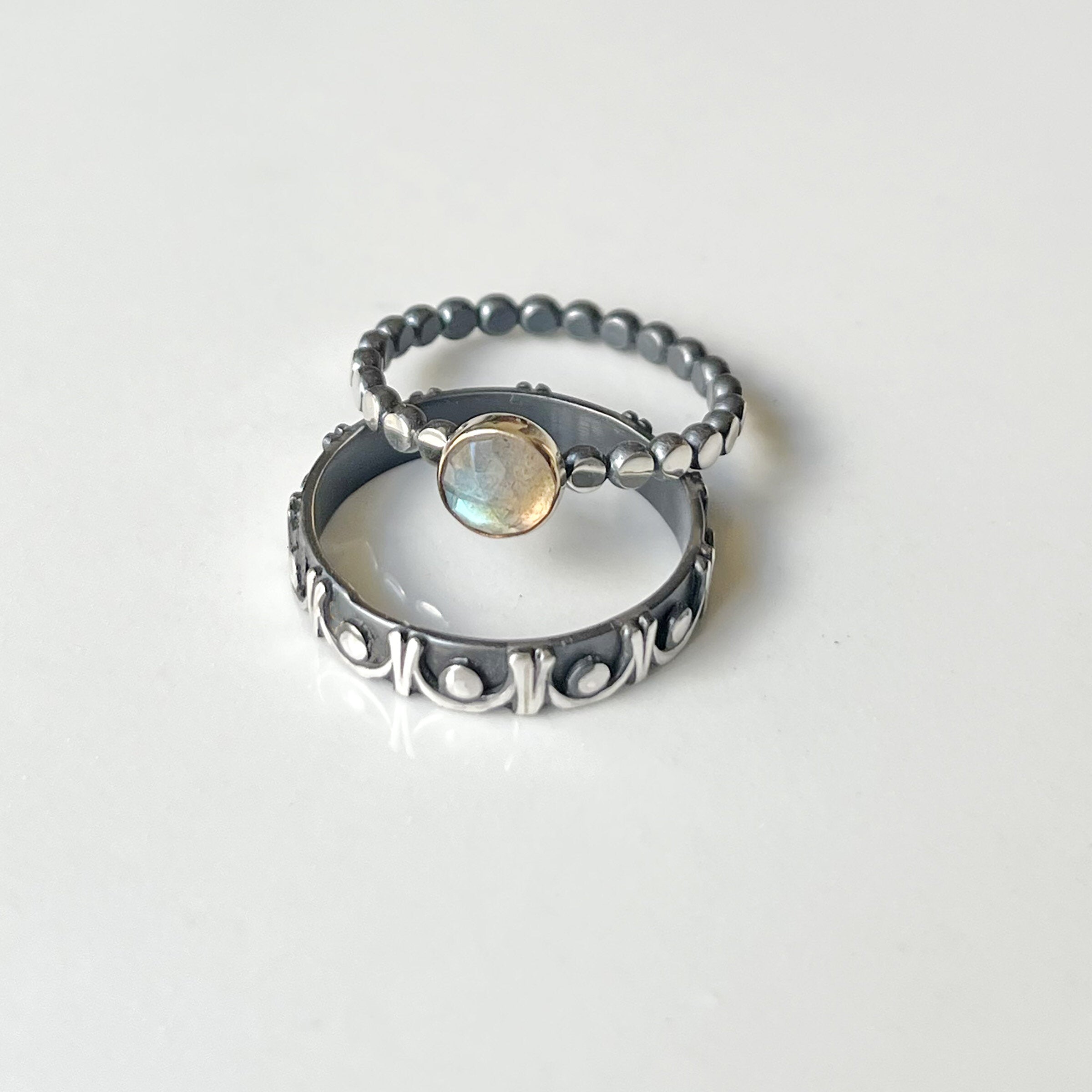 Great stacking ring! Shown with the gemstone solitaire ring in labradorite