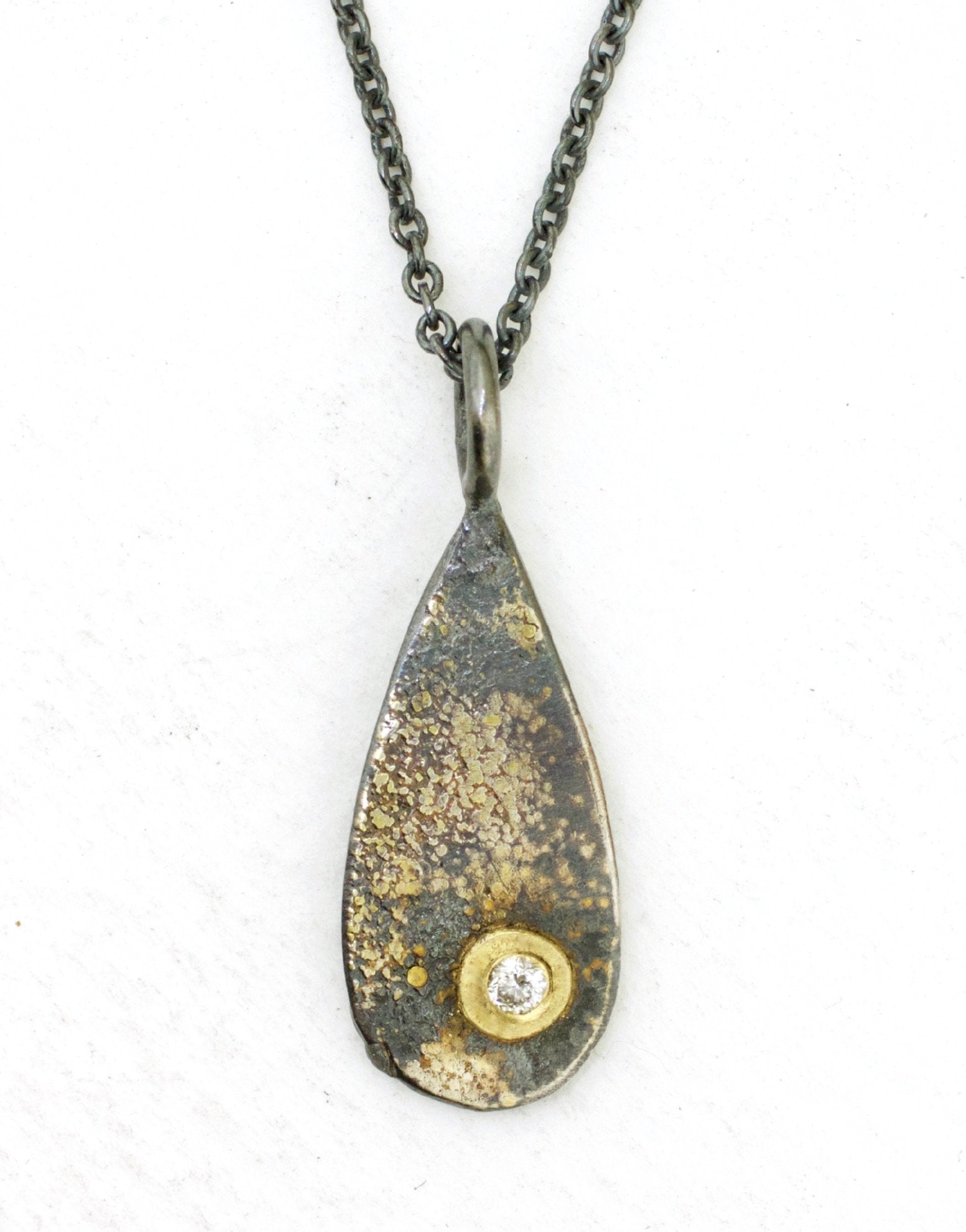 Teardrop Gold and  Silver Diamond Fused Lichen Pendant