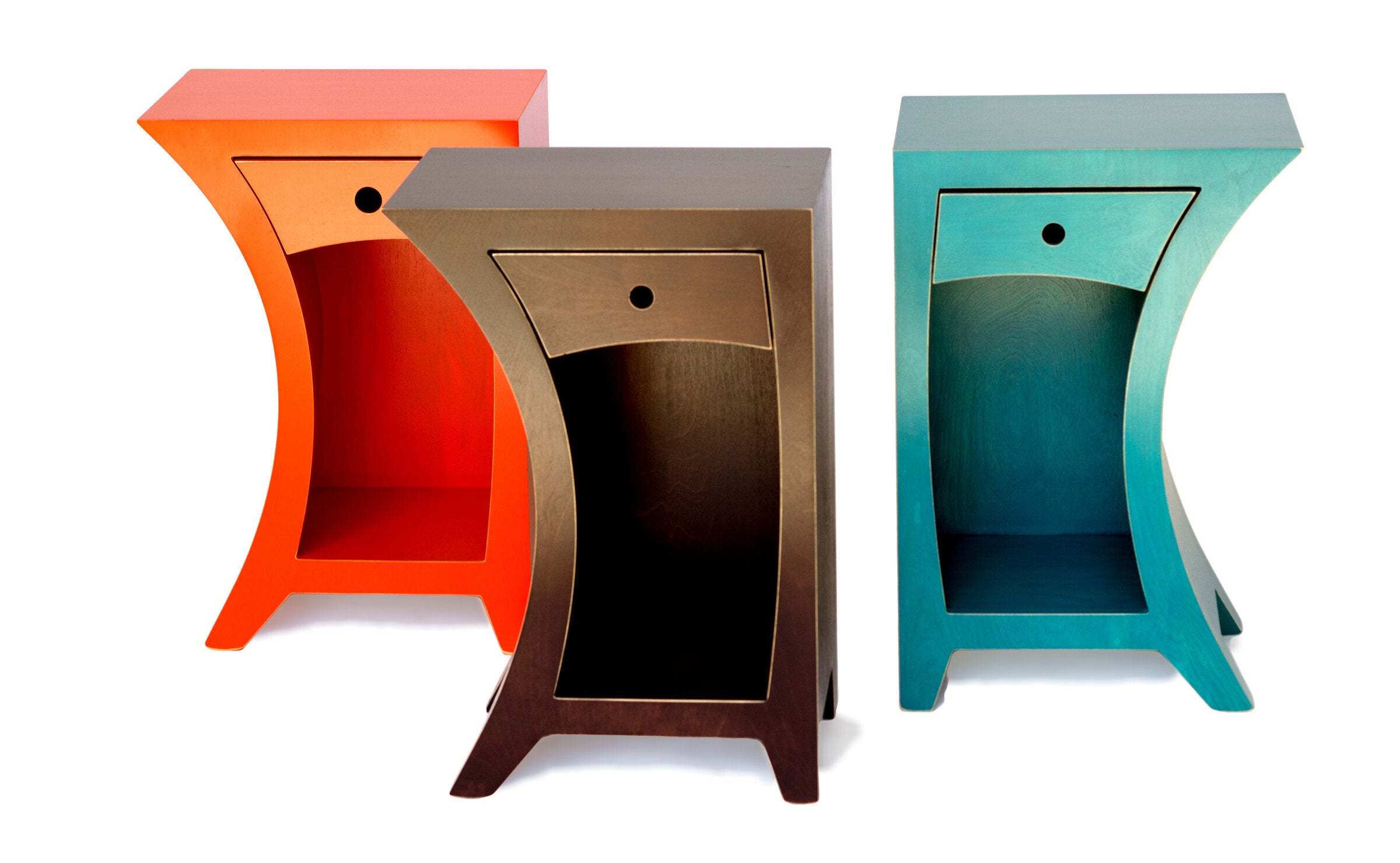 left to right: desert red paint in left curve, espresso stain in left curve and turquoise stain in right curve