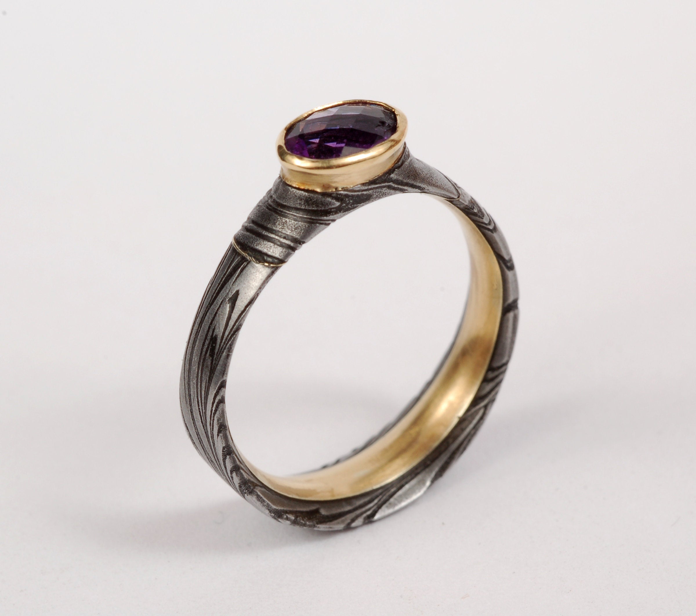 Damascus Steel & Amethyst Ring