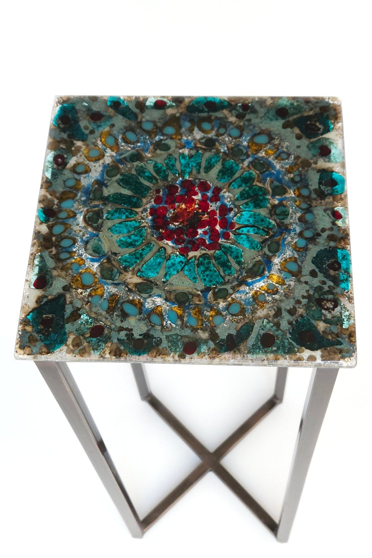 Red and Aquamarine Mandala Glass Table
