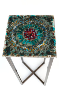 Red and Aquamarine Mandala Glass Table