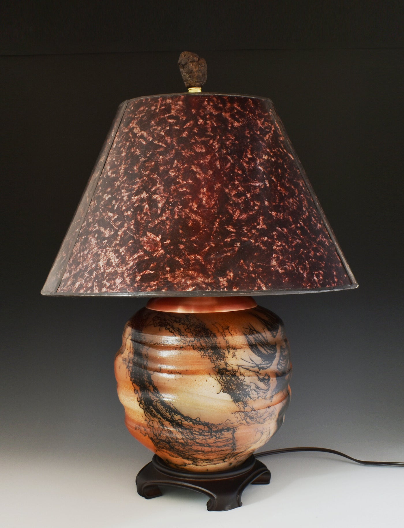 Horsehair Raku Stoneware Lamp with Amber Mica Shade
