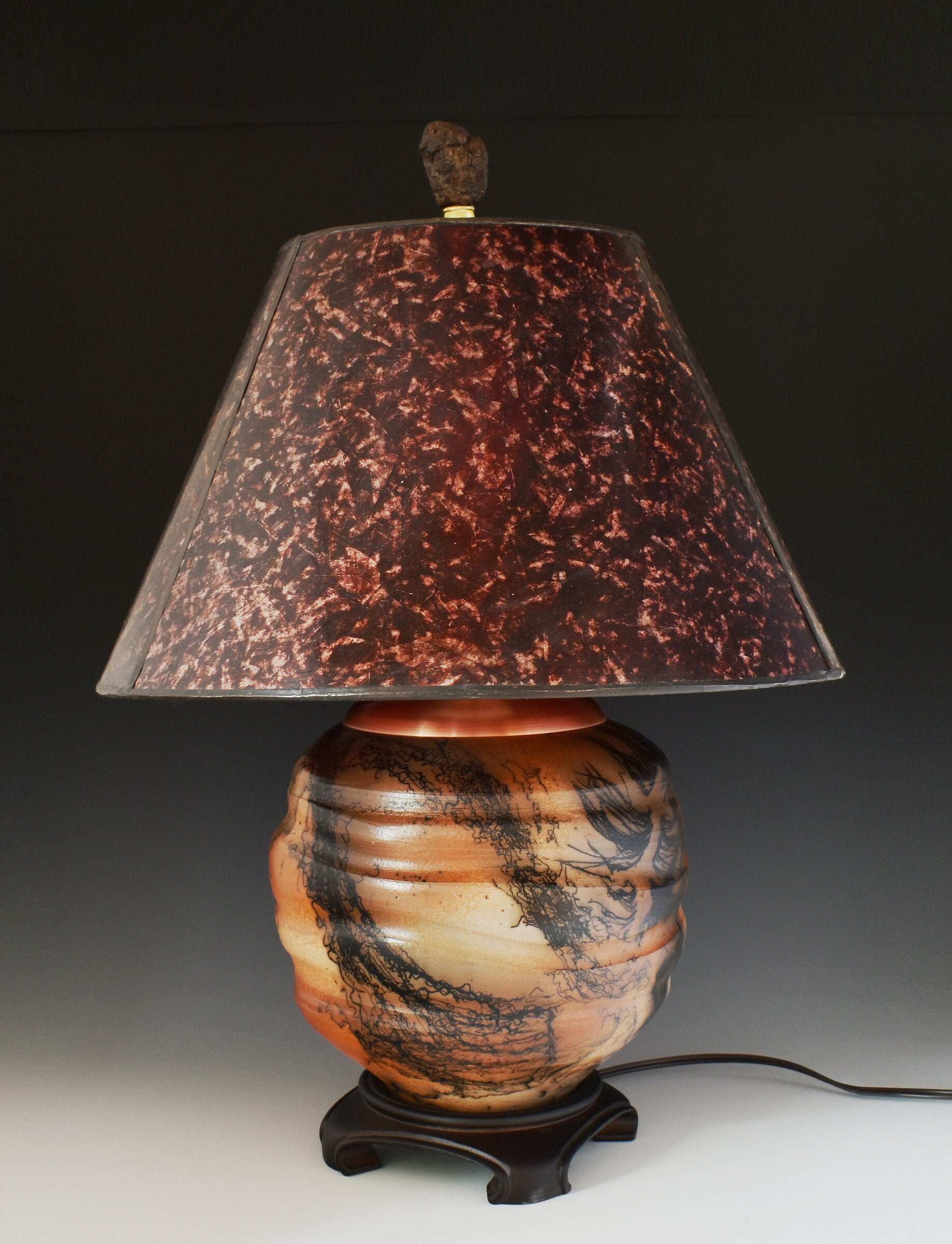 Horsehair Raku Stoneware Lamp with Amber Mica Shade