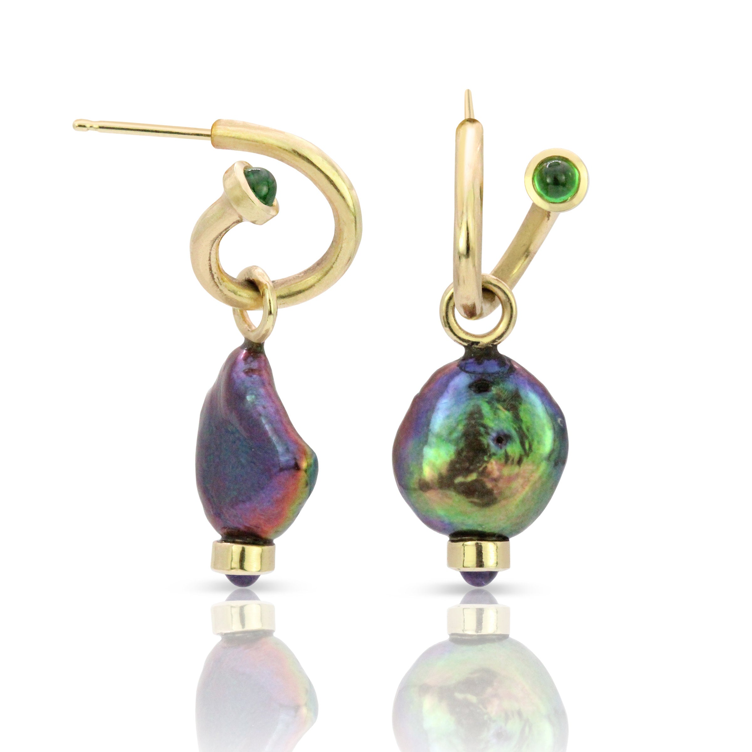 Peacock Pearl & Gemstone Drop on Tsavorite Peek-A-Boo Hoops