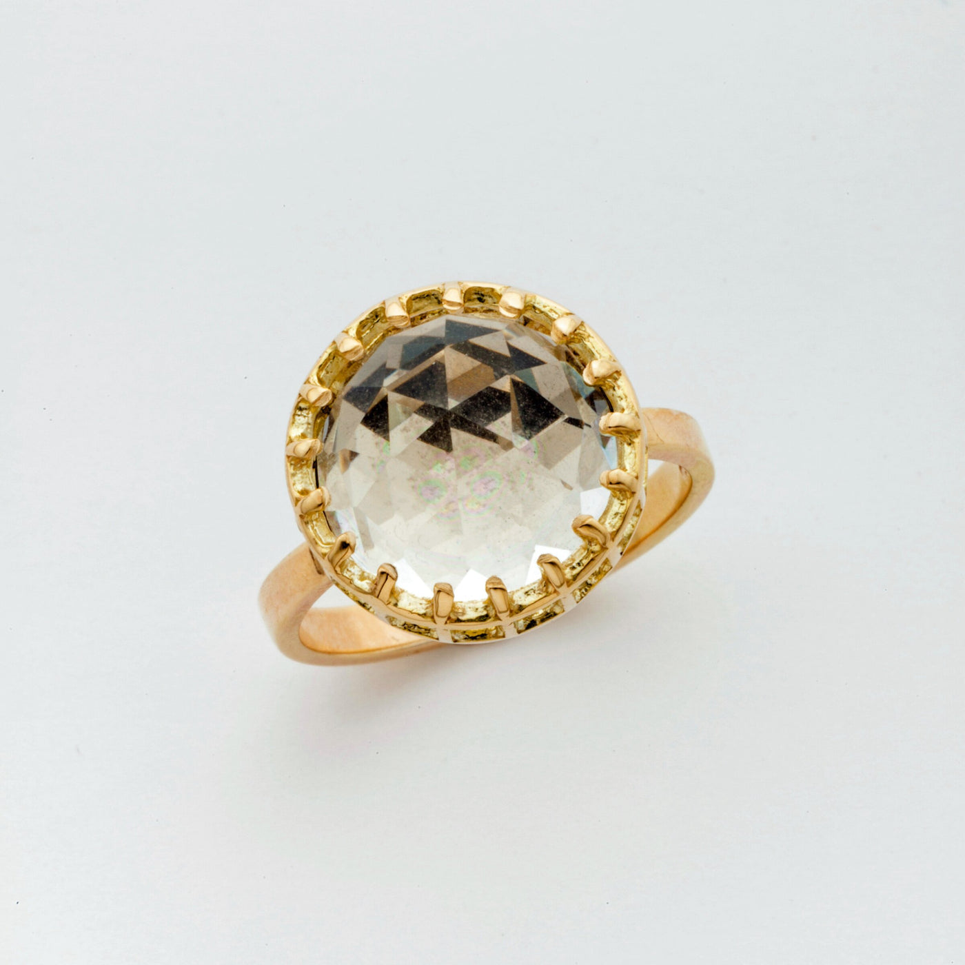 Mesh Prong 14k Ring with Fancy-Cut 12mm Quartz Dome Cabochon