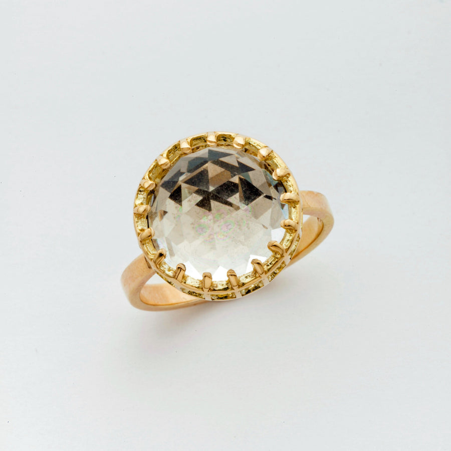 Mesh Prong 14k Ring with Fancy-Cut 12mm Quartz Dome Cabochon