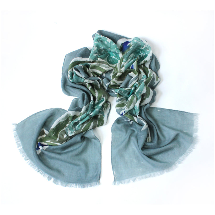 Daffodil Teal Hand-Painted Cashmere Blended Scarf