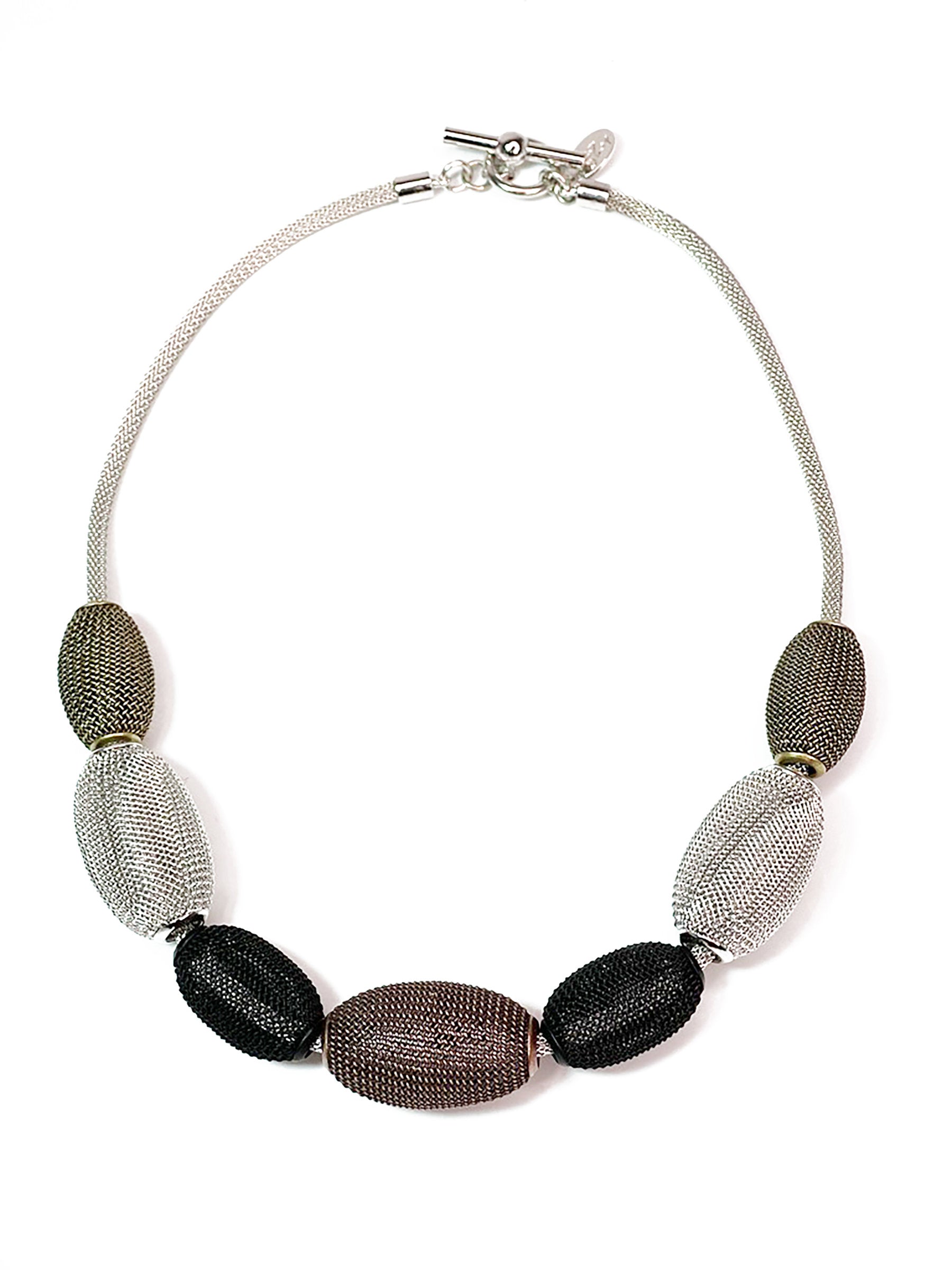 Large Oval Mesh Bead Necklace in Rhodium, Brass, Black & Copper Finish