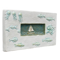 Sail Boat Marine Tile in White Stone and Antique Teal